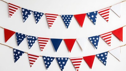 Fototapeta premium Patriotic Bunting Red White and Blue Triangle Flags on White Background