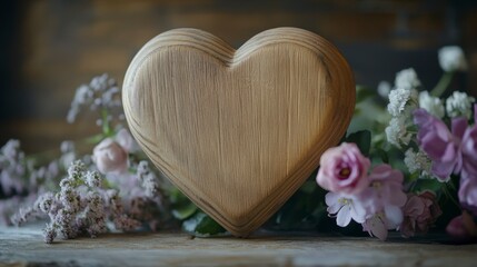 Wooden heart surrounded by pink flowers on rustic wooden background.