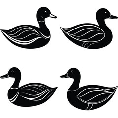 Four stylized black ducks with white feather details on white background