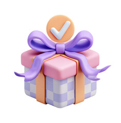 3D icon of a gift box with a checkmark and ribbons, on a transparent background in a 2D illustration style.