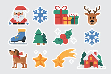 Fototapeta premium Cute Christmas Stickers Santa Claus, Reindeer, Gifts, Snowflake, Dog, Stars, House, Tree, and Ice Skate