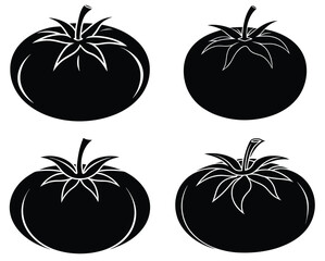 Four black silhouette tomatoes with white outline detail on a white background
