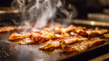 Crispy bacon slices sizzling on a griddle, with steam rising and the fat bubbling, turning the strips golden brown and crispy.