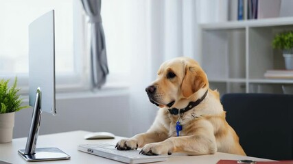 The dog is working at the computer sitting on a chair in light office. Intelligence, pets, education, humor, or branding concepts. Use in advertising campaigns, greeting cards, pet product promotions
