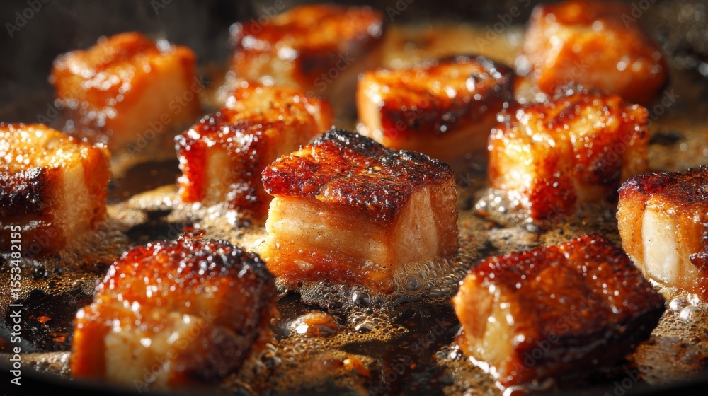 Poster close-up of perfectly crispy pork belly pieces sizzling in a hot pan, coated in a glossy layer of fi