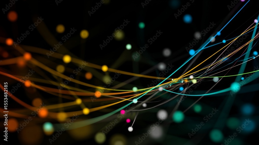 Poster Digital abstract composition with a network of colored lines and dots on a dark background, representing data flow and connectivity