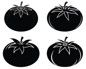 Four black silhouette tomatoes with white outline detail on a white background