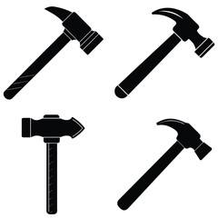 Collection of black silhouette hammers and sledgehammer on white background