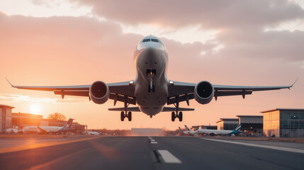 Naklejka premium Commercial airplane takes off at sunset, showcasing stunning view of aircraft against colorful sky. scene captures excitement of air travel