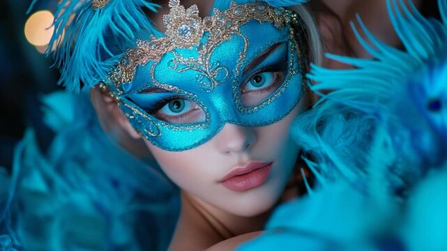 Mysterious blue masquerade mask woman close up portrait