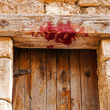 Blood-stained wooden lintel during the Passover in Biblical Egypt