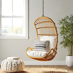 Serene Rattan Hanging Chair in Modern Minimalist Living Room Interior