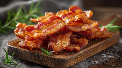 Golden, crispy bacon strips hanging over the edge of a wooden plate, with grease glistening on the surface and a side of herbs.