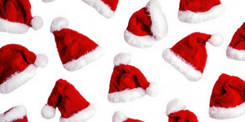 Many santa hats scattered around on transparent background