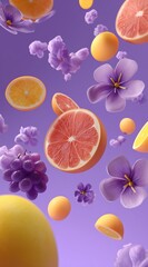 Colorful citrus slices and flowers floating on purple background for summer branding, food concepts, wellness visuals, and creative design