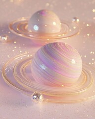 Pastel planets floating in soft cosmic light with dreamy rings and sparkles for fantasy design, astrology themes, and surreal backgrounds