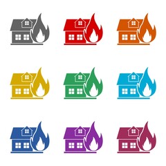 Fire in burning house icon isolated on white background. Set icons colorful