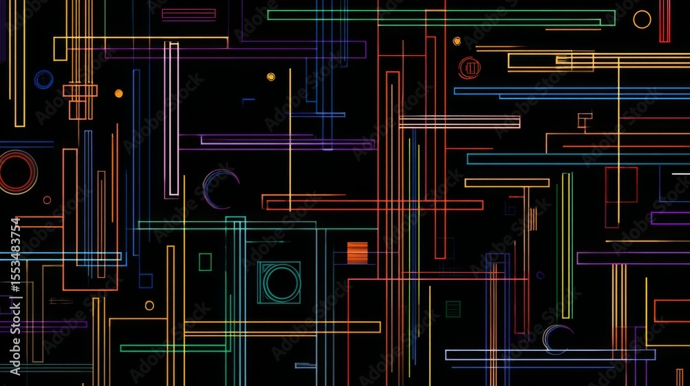 Poster Neon-colored vector graphics with abstract shapes and lines on a black background, creating a modern digital art effect
