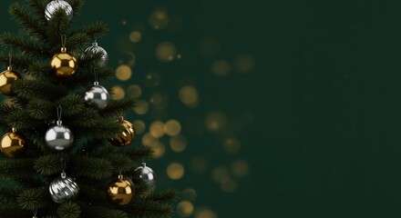 Fototapeta premium Christmas tree decorated with silver and gold ornaments on green background 