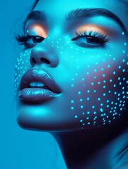 futuristic neon-blue portrait with glowing makeup dots, perfect for sci-fi artwork, tech branding, digital campaigns, and posters