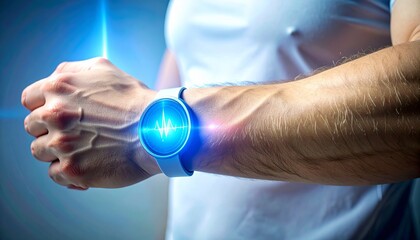 Close-up of a man wearing a glowing smart skin patch or futuristic smartwatch interface displaying vital signs, representing health tracking and wearable technology innovation.