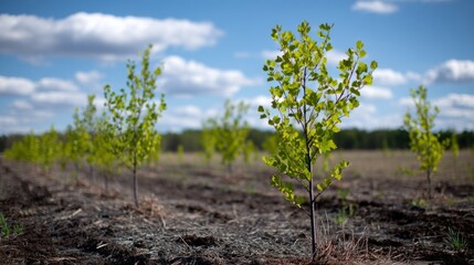 Obraz premium Rows of young trees planted in an open field, with vibrant green leaves and a clear blue sky, representing reforestation and environmental renewal