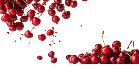Ripe cherries scattered elegantly on transparent background