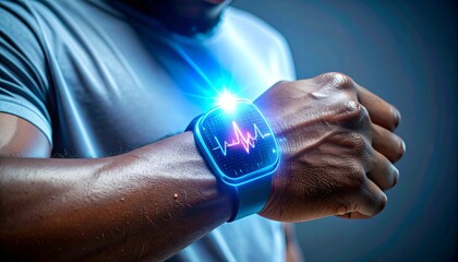 Close-up of a man wearing a glowing smart skin patch or futuristic smartwatch interface displaying vital signs, representing health tracking and wearable technology innovation.