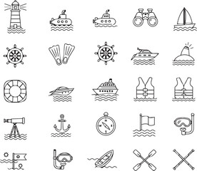 A Collection of Nautical Themed Line Art Icons Featuring Sailing, Navigation, and Maritime Motifs for Creative Projects and Designs