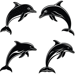 Four stylized black dolphins leaping and interacting in a white space