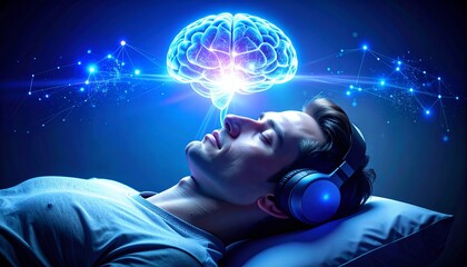 Woman wearing headphones sleeps as a glowing holographic brain floats above, symbolizing subconscious learning through neural audio technology and cognitive data transfer.