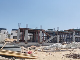 Under Construction House Or Villa's With Concreate Block Or Bricks.
Exterior View 02 Story luxurious Modern Design House architecture.
InComplete residential Villa Structure with Erected Scaffolding.