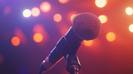 Close-up of a microphone on a stand in a brightly lit concert venue.