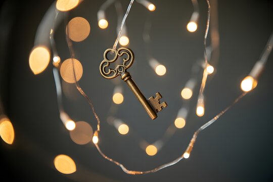 Antique key hangs from a string of glowing lights