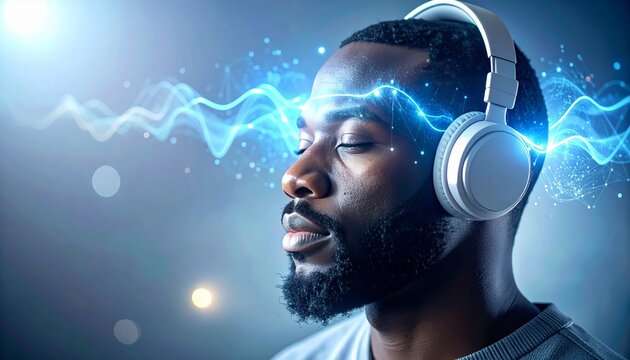 Black man with headphones engaged in subconscious learning glowing neural waveforms flow through his mind, illustrating brainwave synchronization with immersive auditory technology.