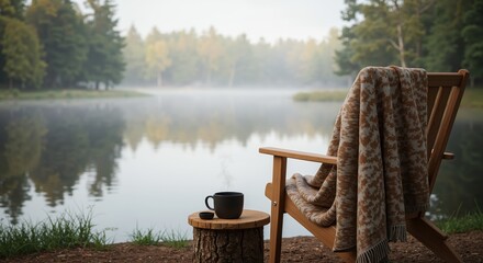 Cozy chair with blanket and coffee by tranquil lake in autumn  