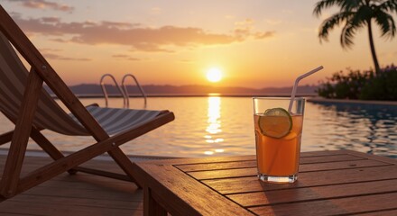 Refreshing cocktail with lemon slice on wooden table at sunset  