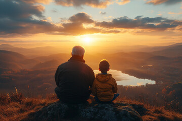 Parent and Child Sitting in a Field Under a Starry Sky Enjoying a Peaceful Night – Generative AI