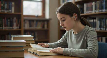 Young girl reading a book while sitting at a table in library  