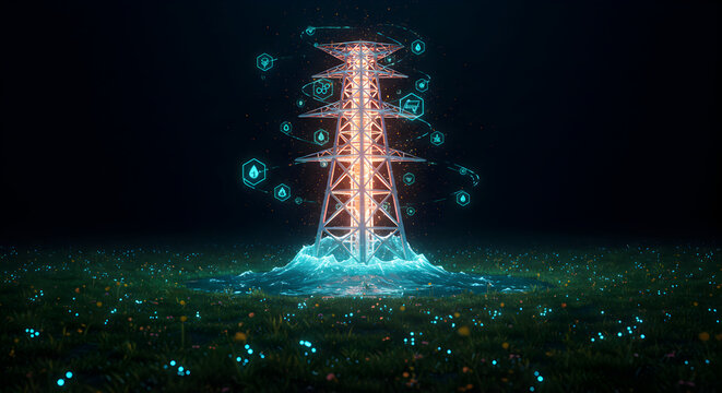 Futuristic Energy Tower: Sustainable Power in a Digital World - Powered by Adobe