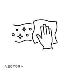 wipe by hand icon, clean floor, wet wipe and shiny surface, wet cleaning, thin symbol isolated on white background, editable stroke eps 10 vector illustration