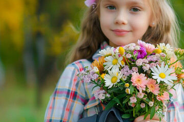Adorable first-year pupil walking to school with a colorful bouquet of flowers, celebrating the first of September