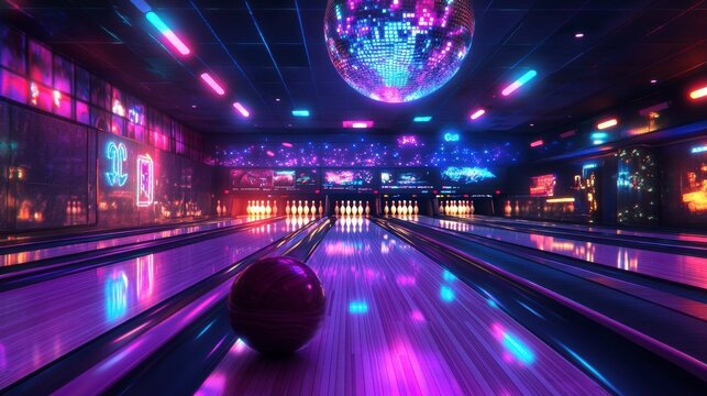 Neon-lit bowling alley interior with a single ball at the start of the lane.