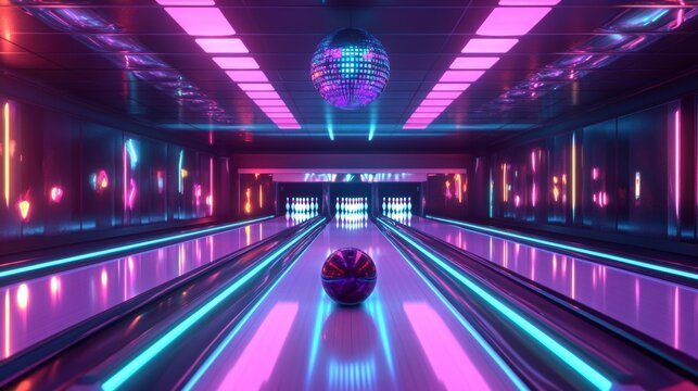 Futuristic neon-lit bowling alley interior with disco ball.