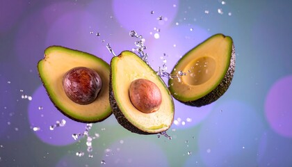 Halved avocado with seed, surrounded by water splash in motion. Clean and healthy food ad concept in modern green layout.