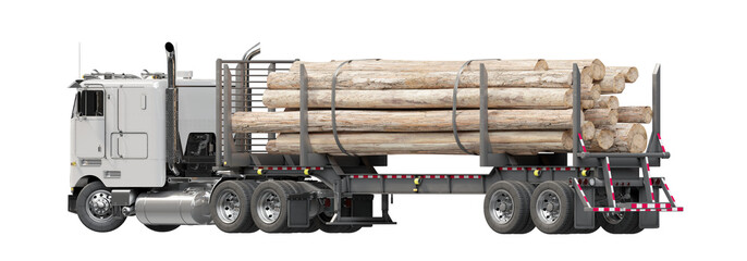 American truck with logging trailer isolated on transparent background. Orthogonal view of loaded logging truck. Lumber transportation concept. 3D illustration