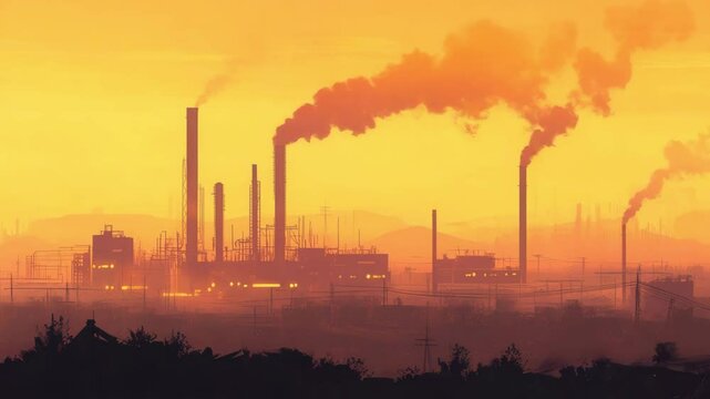 Industrial factory with multiple chimneys and smokestacks emitting thick smoke during sunset, highlighting urban pollution and hazy landscape