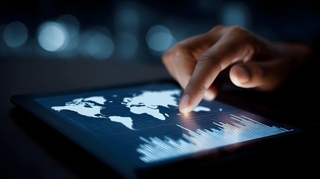 Hands interacting with a digital tablet displaying a world map and business charts