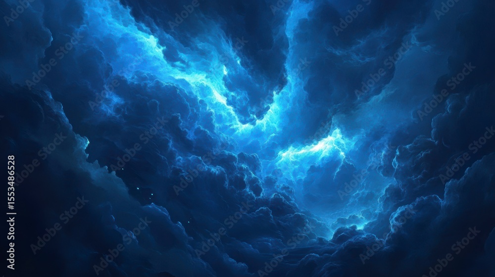 Wall mural dramatic blue cloudscape, glowing from within, creating a mystical and atmospheric scene.