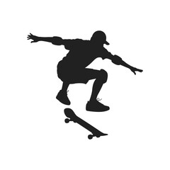 Fototapeta premium Skateboarder in silhouette performing an aerial trick against a clean white background.